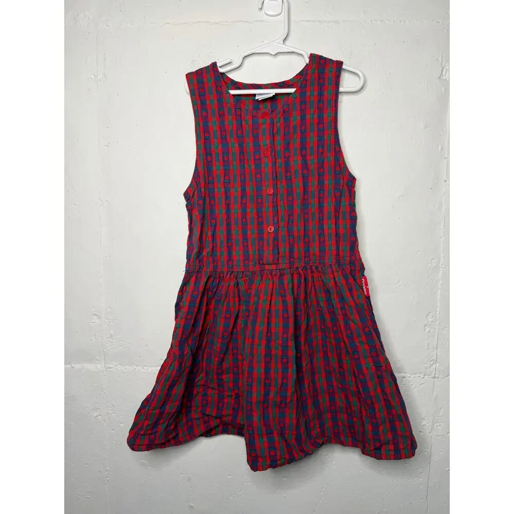 Oshkosh Vintage Girls 6X Apple Dress Jumper Plaid Red Made in USA